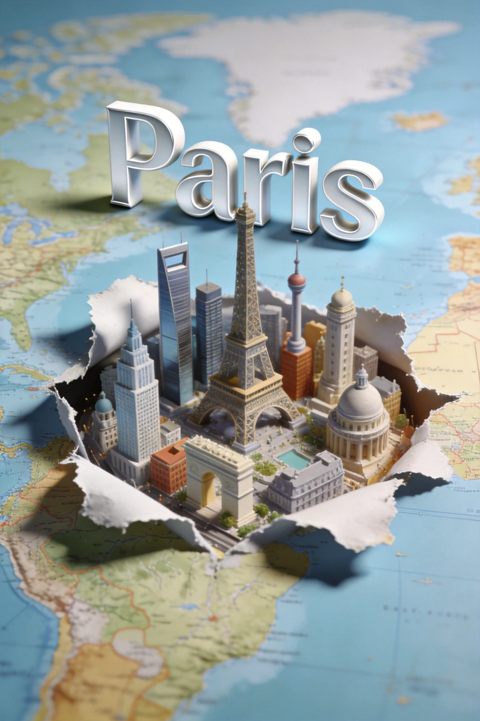 AI generated 3D miniature city model with iconic landmarks bursting through a torn world map poster