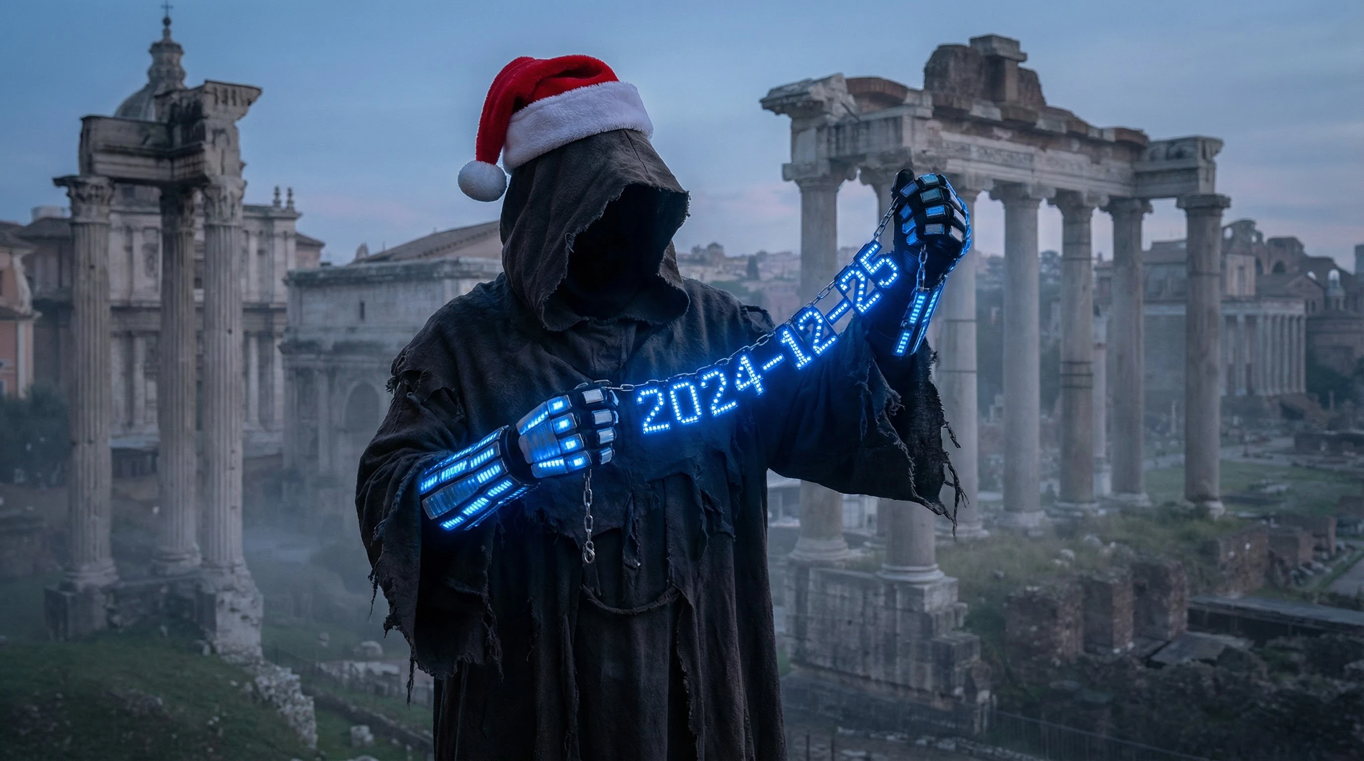 AI generated cinematic grim reaper with Santa hat and glowing blue digital armor in ancient Roman city