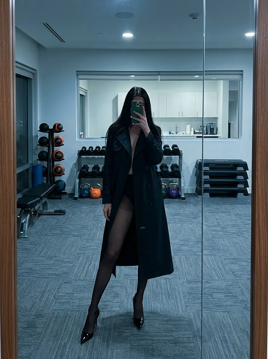 AI generated fashion mirror selfie of woman in black trench coat and stilettos in a gym setting