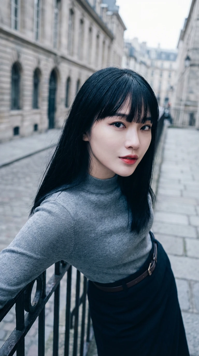 AI generated high-angle fashion portrait of Asian influencer with sleek black hair on European street
