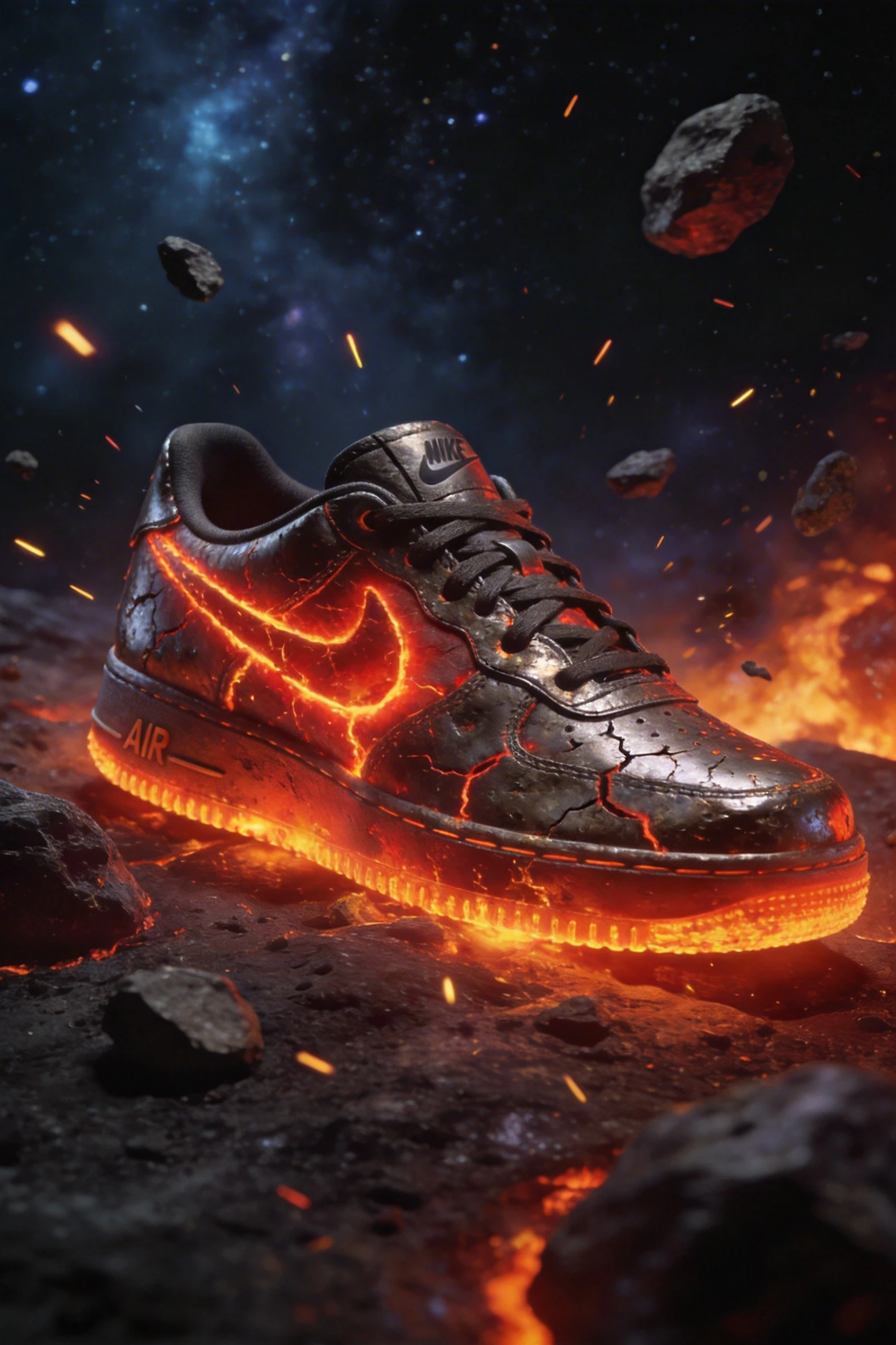 AI generated Nike Air Force sneaker with meteorite magma texture floating among burning asteroids