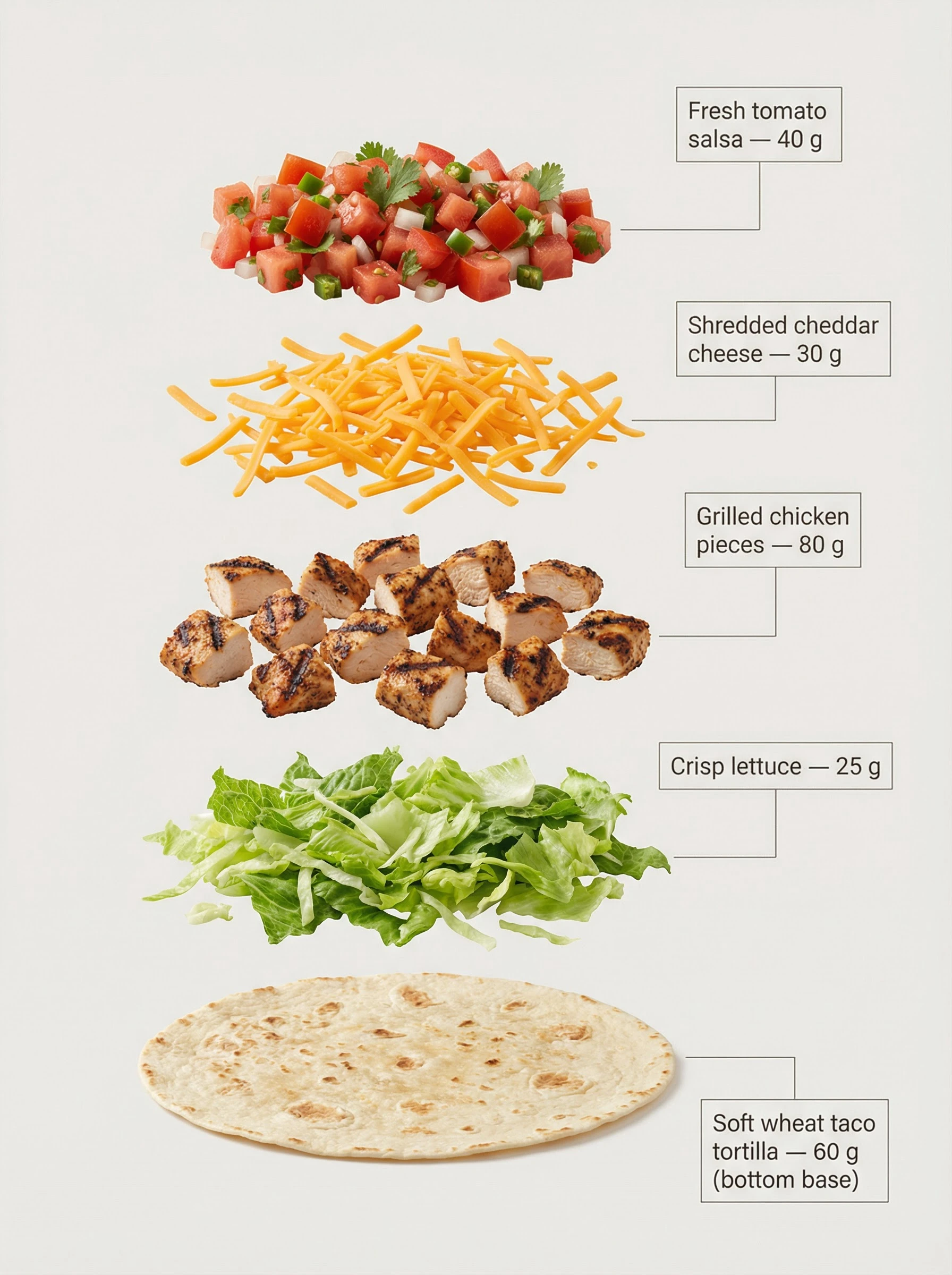 AI generated exploded view taco recipe infographic with labeled ingredients and weight annotations