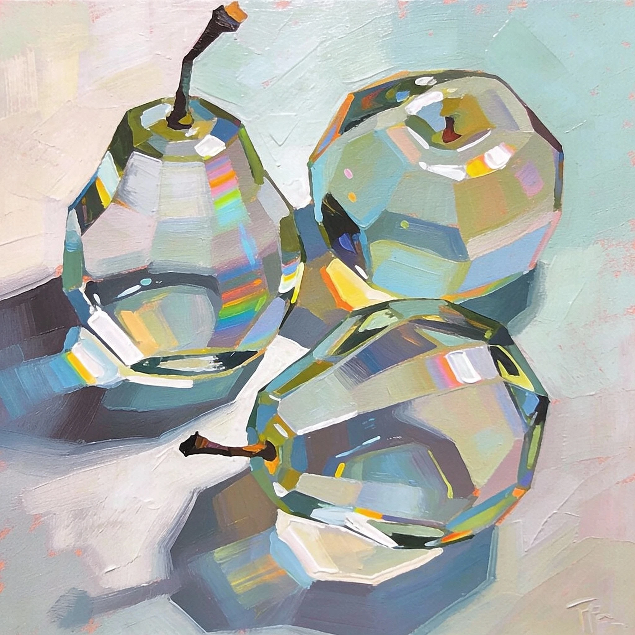 AI generated abstract modern art painting of transparent iridescent glass fruit